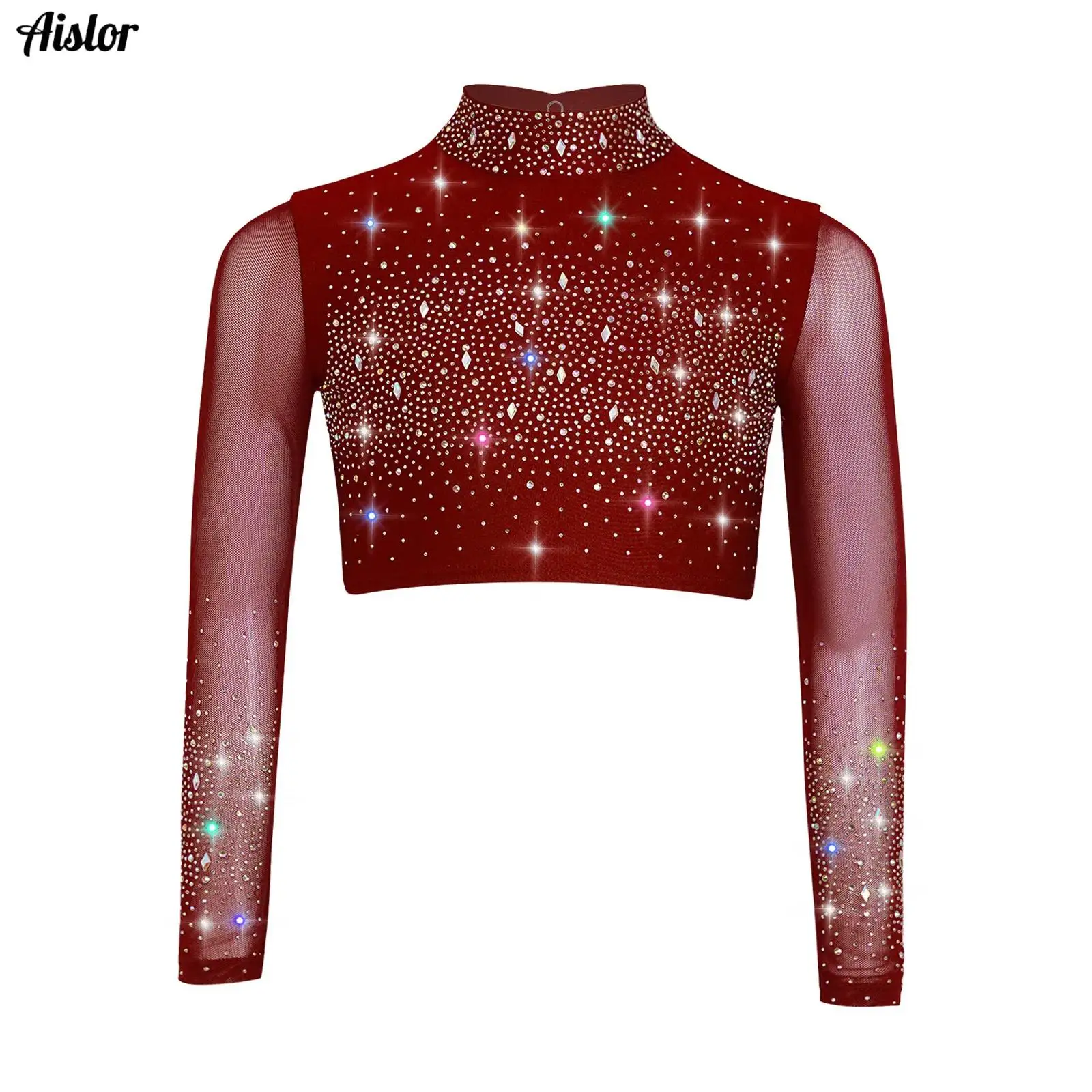 

Kids Girls Ballet Lyrical Dance Top Mock Neck Sheer Mesh Long Sleeve Keyhole Back Shiny Rhinestones Crop Top Gymnastics Costume