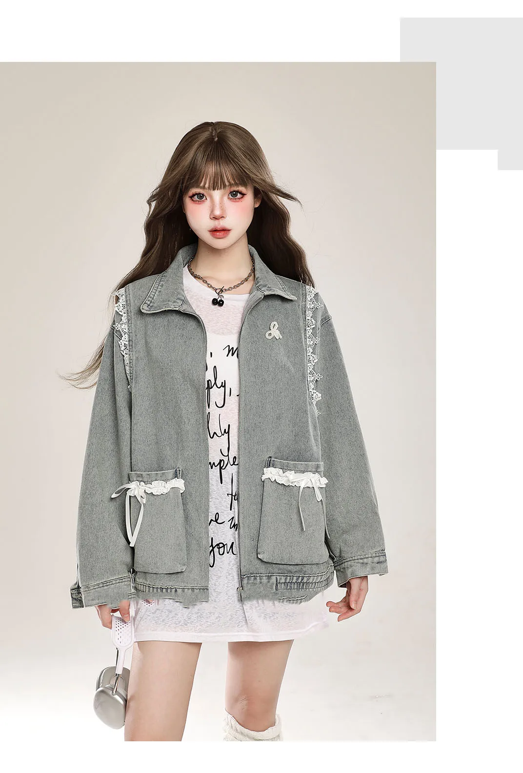 Kawaii Bow Lace Cowboy Jacket for Women, Cuteore Girl Hooded Clothes, Y2k Casual Harajuku Hoodies Jacket, Fashion Coat, Korea, 2000s