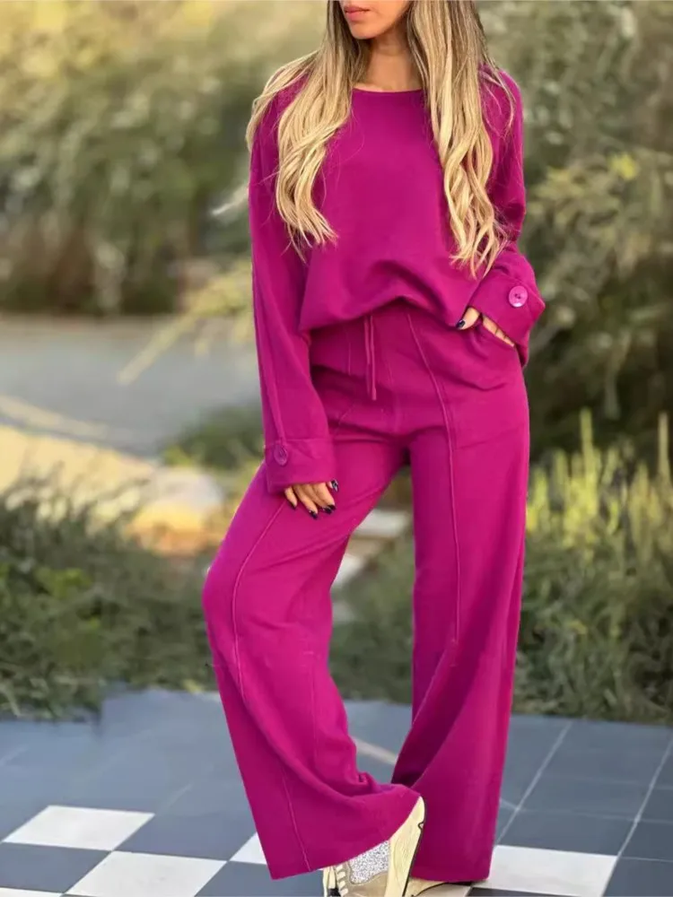 Casual Sporty Style Two Piece Set Women Solid Color Long Sleeve Tops Wide Legs Trousers 2 Piece Sets Lady Commuting Pants Suit