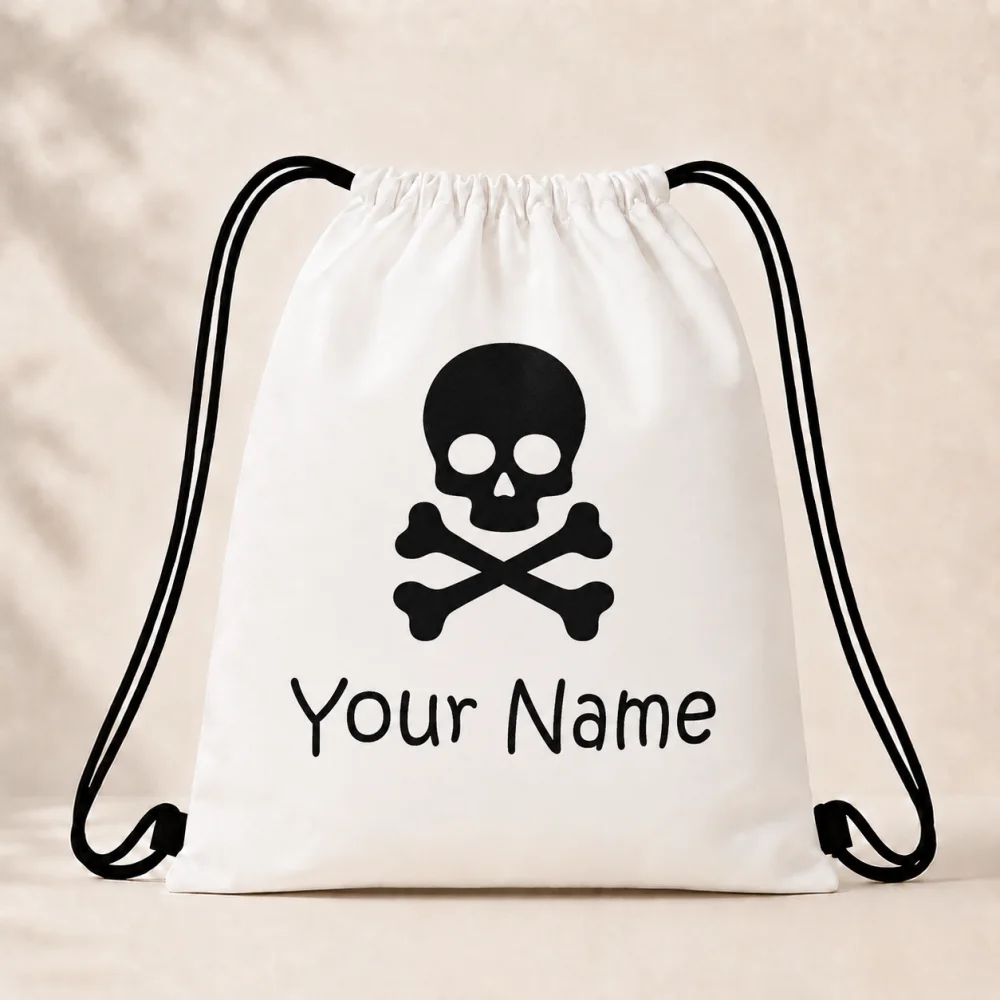 Personalized Halloween Skull Drawstring Bag Custom Name Skeleton Crossbones String Backpack for Kids Gym Travel Party