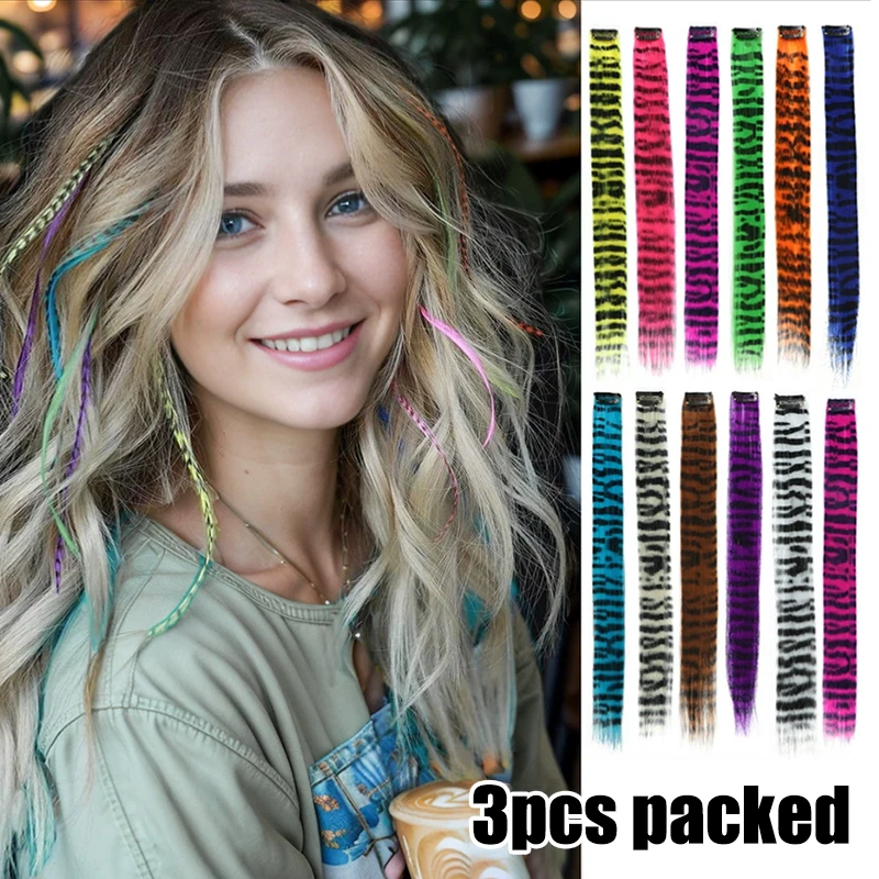3Pcs Stripe Printed Wig Piece Colorful Long Straight Clip-in Hair Extensions For Daily Use Party Halloween