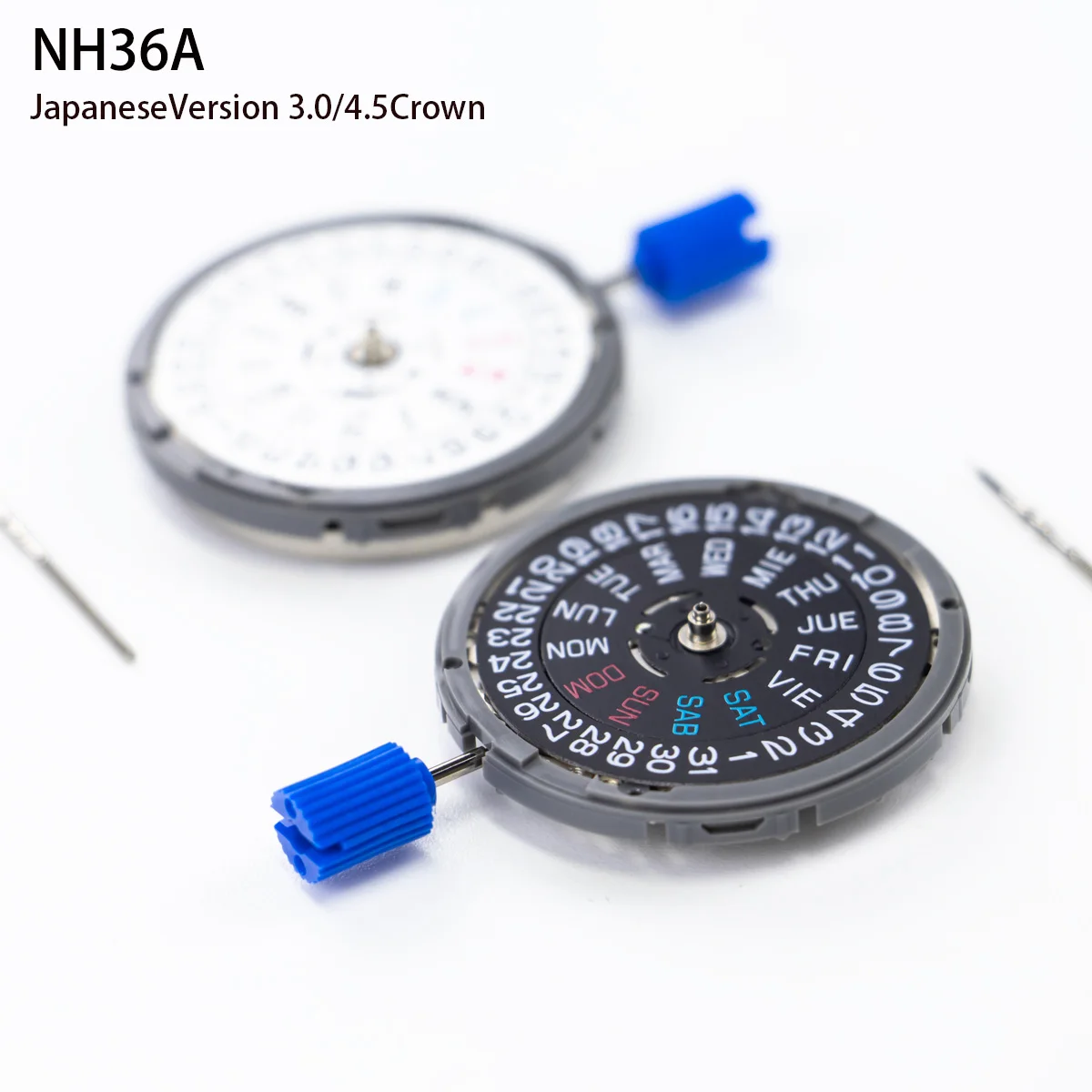 NH36 24 Jewels Automatic Movement Crown at 3.0 And 4.5 O'Clock White/Black Calendar NH36 Watch Parts Stem Set All in English