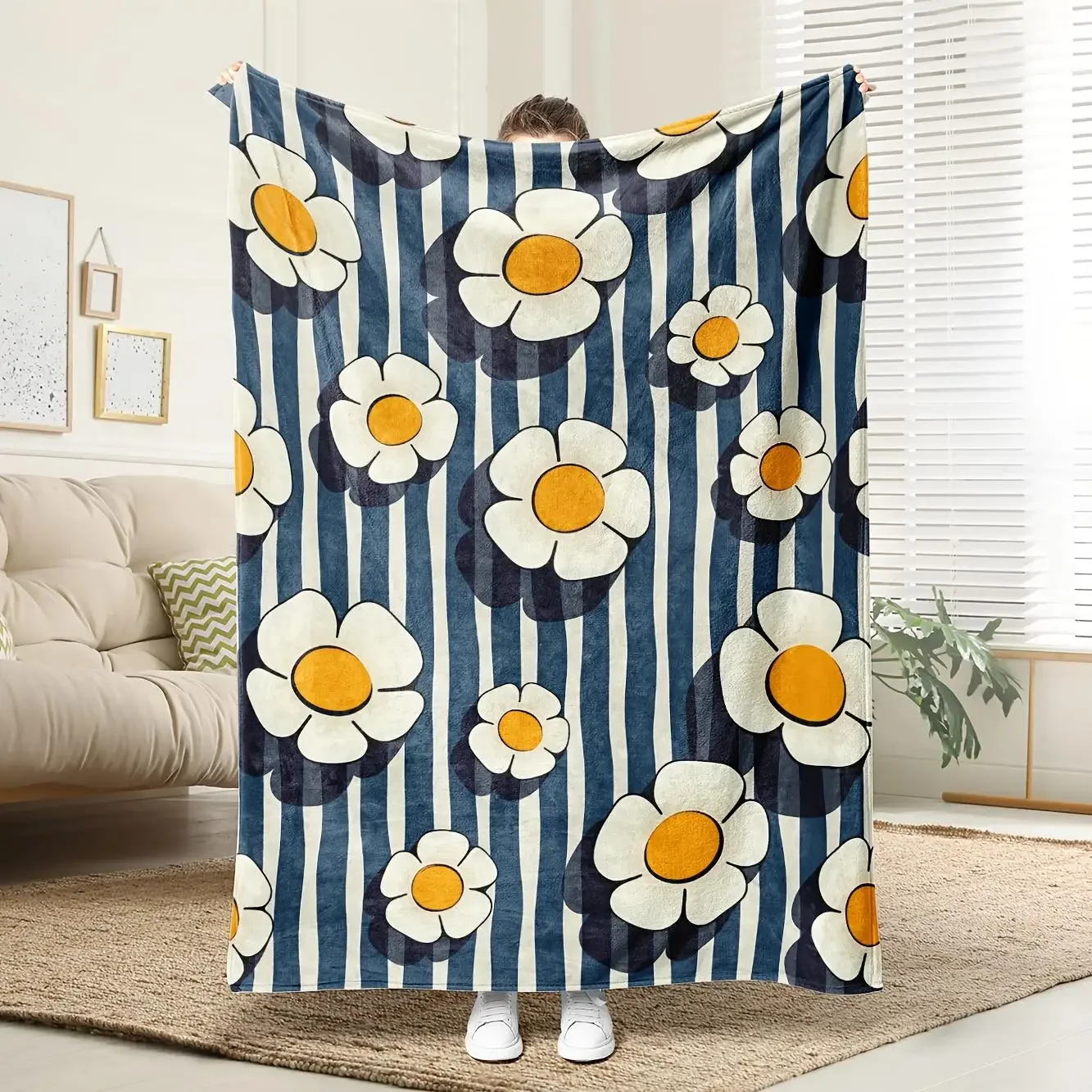 Navy Blue  White Striped Fleece Throw Blanket with Yellow Daisies  gsm Heavyweight Soft  Breathable  Polyester