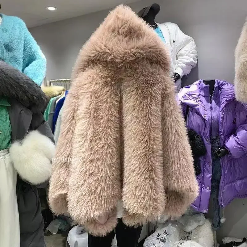 Abrigo de piel sintética con capucha para mujer, chaqueta de felpa, prendas de vestir de piel de conejo de imitación, chaqueta de piel sintética esponjosa suelta para mujer, Invierno