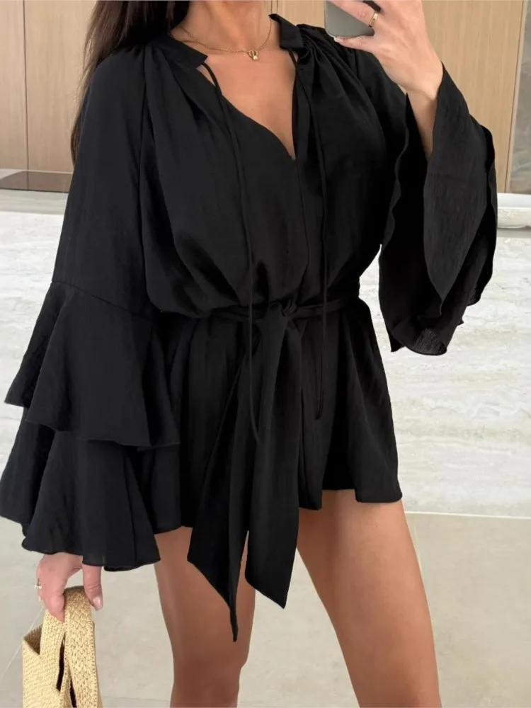 2025 Spring Summer Elegant Ruffle Loose Casual Flare Sleeve V neck Lace Up Irregular Solid Holiday Dresses Sexy Women Mini Dress