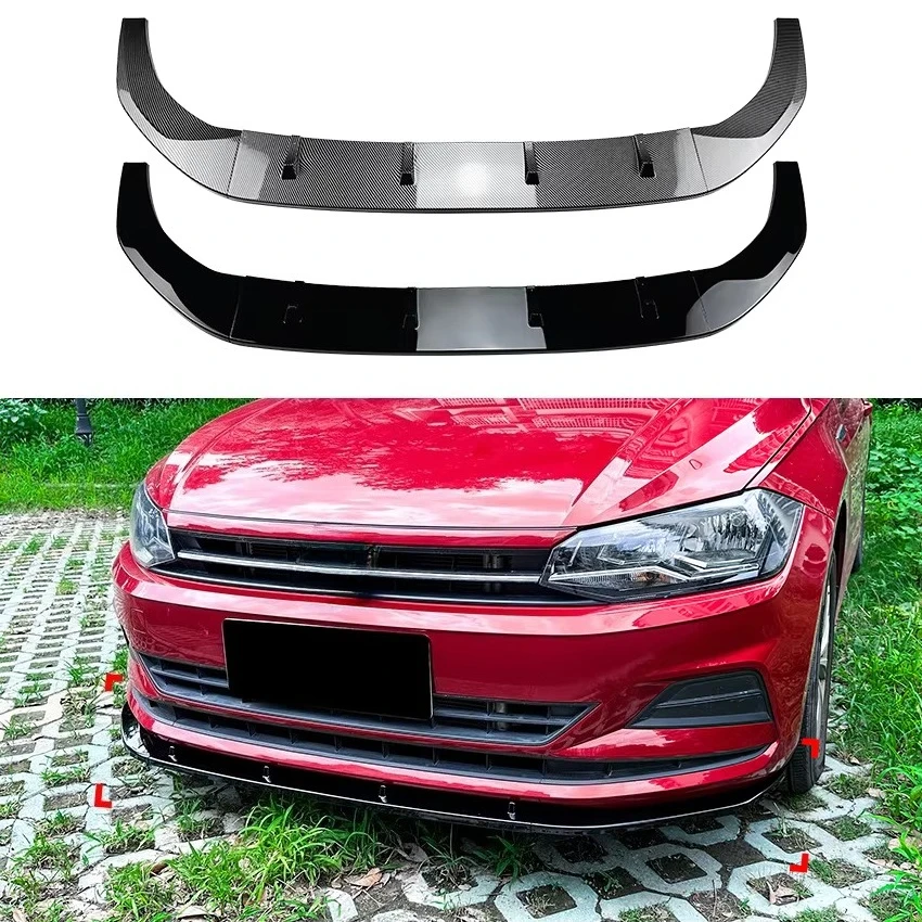 vwポロmk6ベーススタンダード2018-用3ピースフロントバンパーリップスポイラースポイラー、ピアノブラックカーボンファイバーロアディフューザーモッドキット