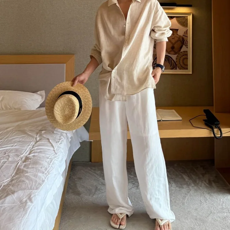 Light Luxury High-End Old Money Style White Tencel Linen Pants Men's Summer Wide-Leg Pants Relaxed Casual Pants