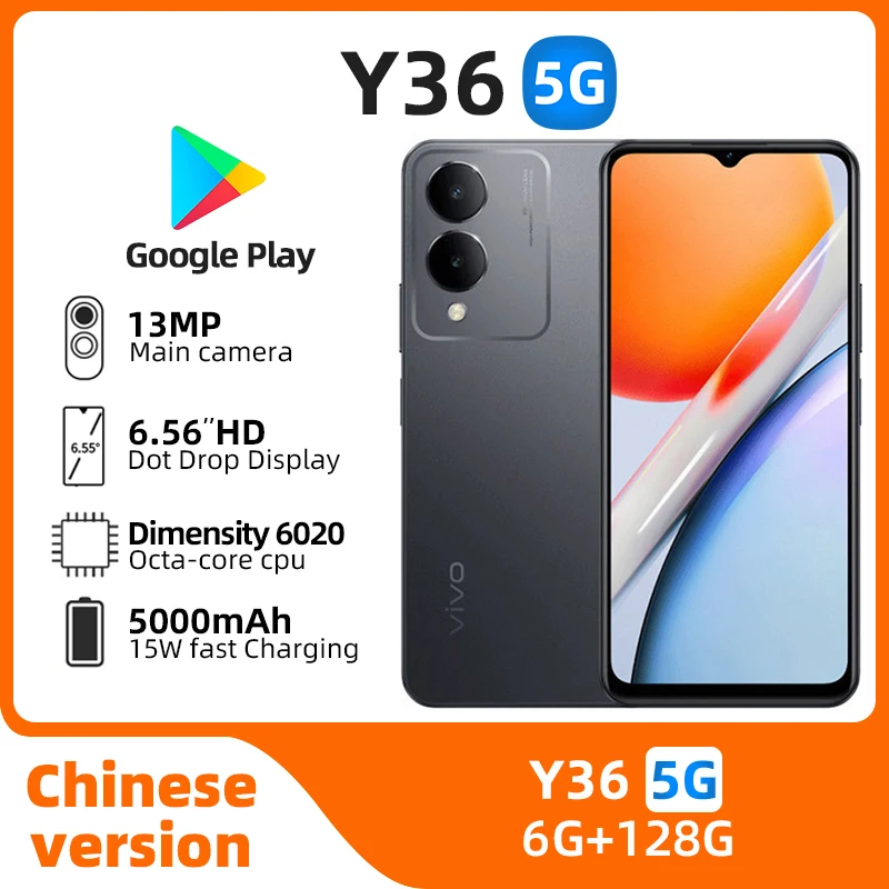 Vivo Y36 5G Smartphone Android Cpu Dimensity 6020 6.56Inch 90Hz 15W Opladen 13mp + 5mp Google Originele Gebruikte Telefoon