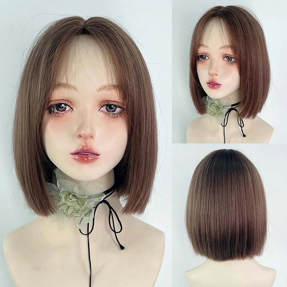 Brown Bob Short Synthetic Straight Wig Women Lolita Cosplay Fluffy Heat Resistant Wig Middle Part for Daily Party