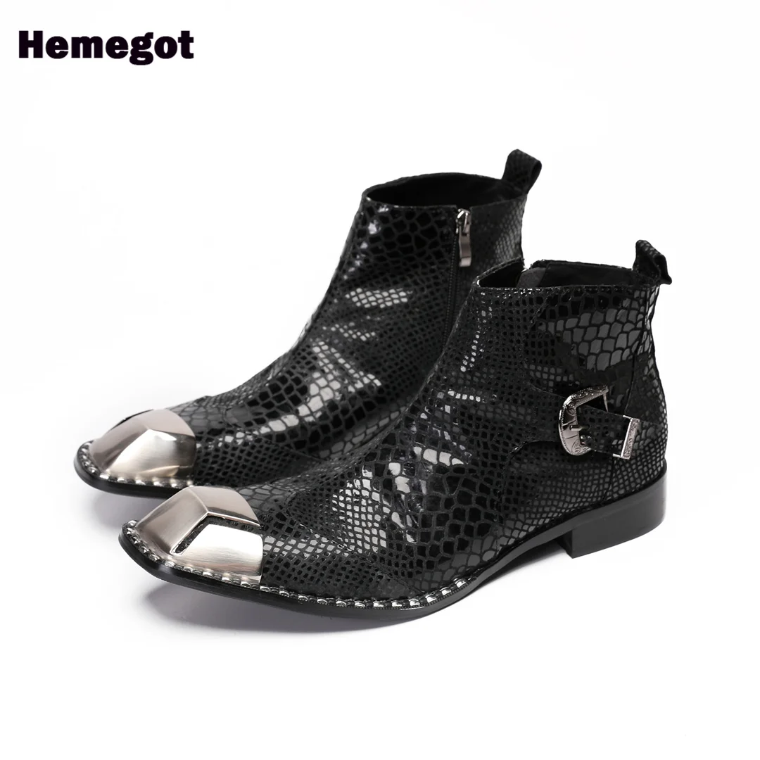 Snake Pattern Men's Boots High-Top Leather Square Toe Novelty Stylish Side Zipper Men Boots Size 37-47 Botas Zapatillas Mujer