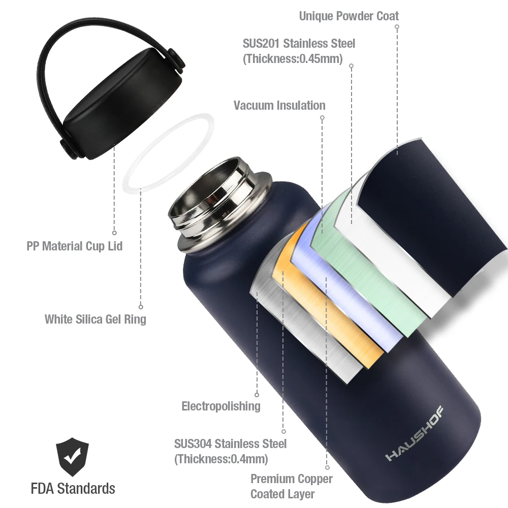Haushof-蓋付きの二重壁ステンレス鋼ウォーターボトル、真空カップ、断熱、屋外、旅行、スポーツ、車、950ml、32オンス