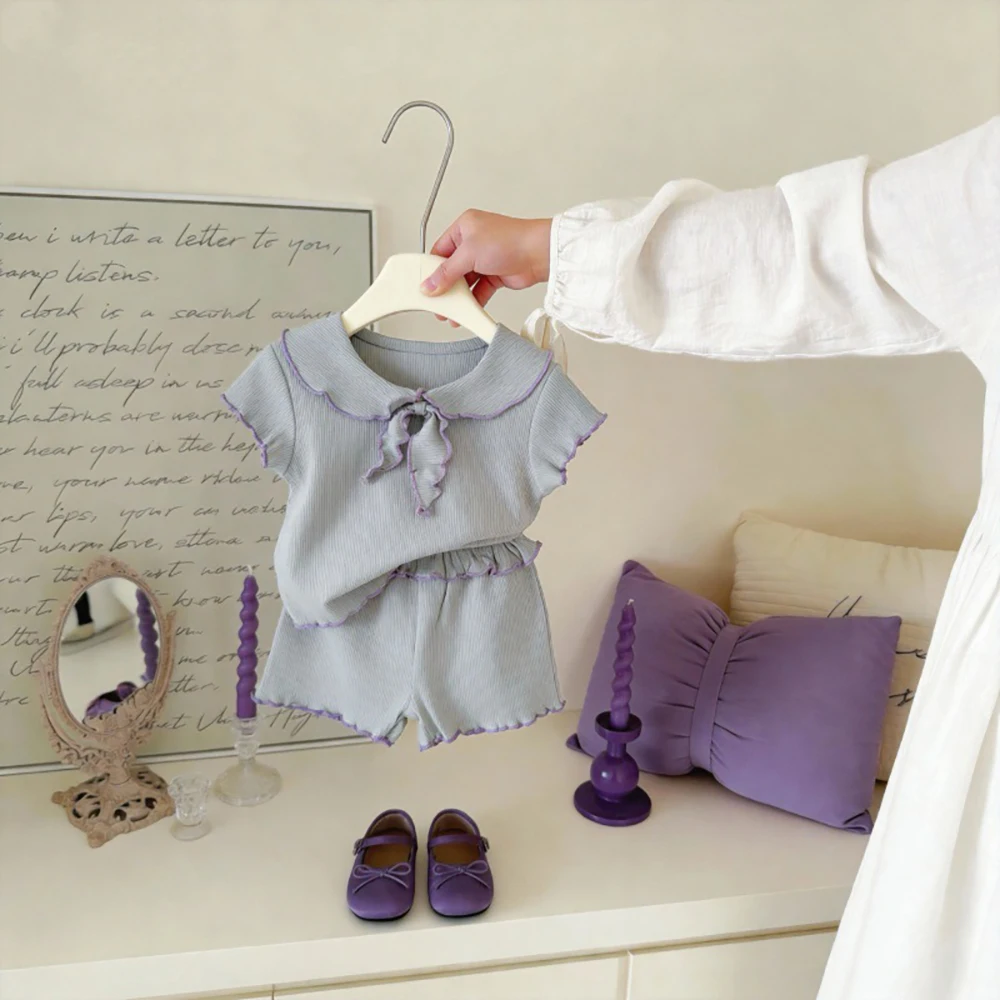 Girls Baby 2Pcs Peter Pan Collar Bow Short Sleeve T-shirts+Shorts Kids Outfit Suits Summer Thin Ribbed Knit Children Clothes Set 3