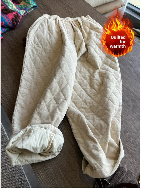 

Повседневные хлопковые вельветовые брюки свободного кроя для женщин больших размеров, модель «Харлан», с ромбовидным узором, на резинке, теплые, осенне-зимние