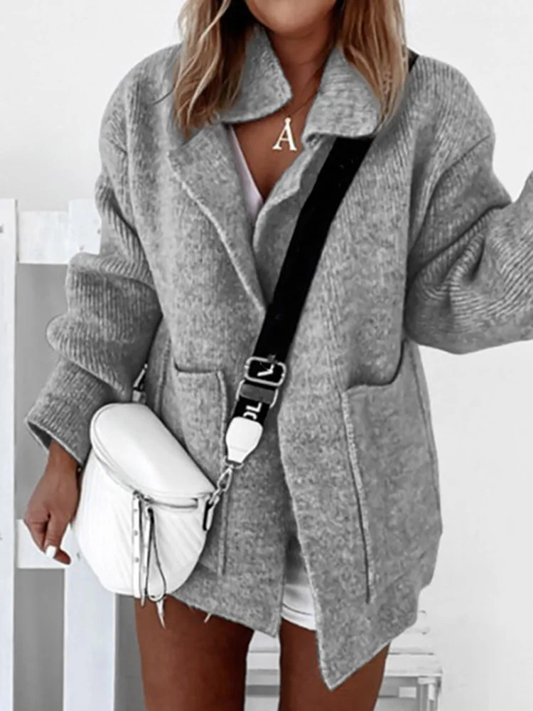 

Women Solid Turn Down Collar Knitted Sweater Autumn Casual Long Sleeve Pockets Cardigan Top Elegant Loose Female Sweaters Jumper