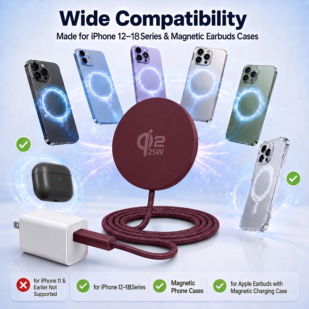 Qi2.2 25W Magnetisches Kabelloses Ladegerät für MagSafe-Ladestation für iPhone 18 17 16 15 14 13 12 AirPods Typ-C Tragbares Ladegerät – Detail 8