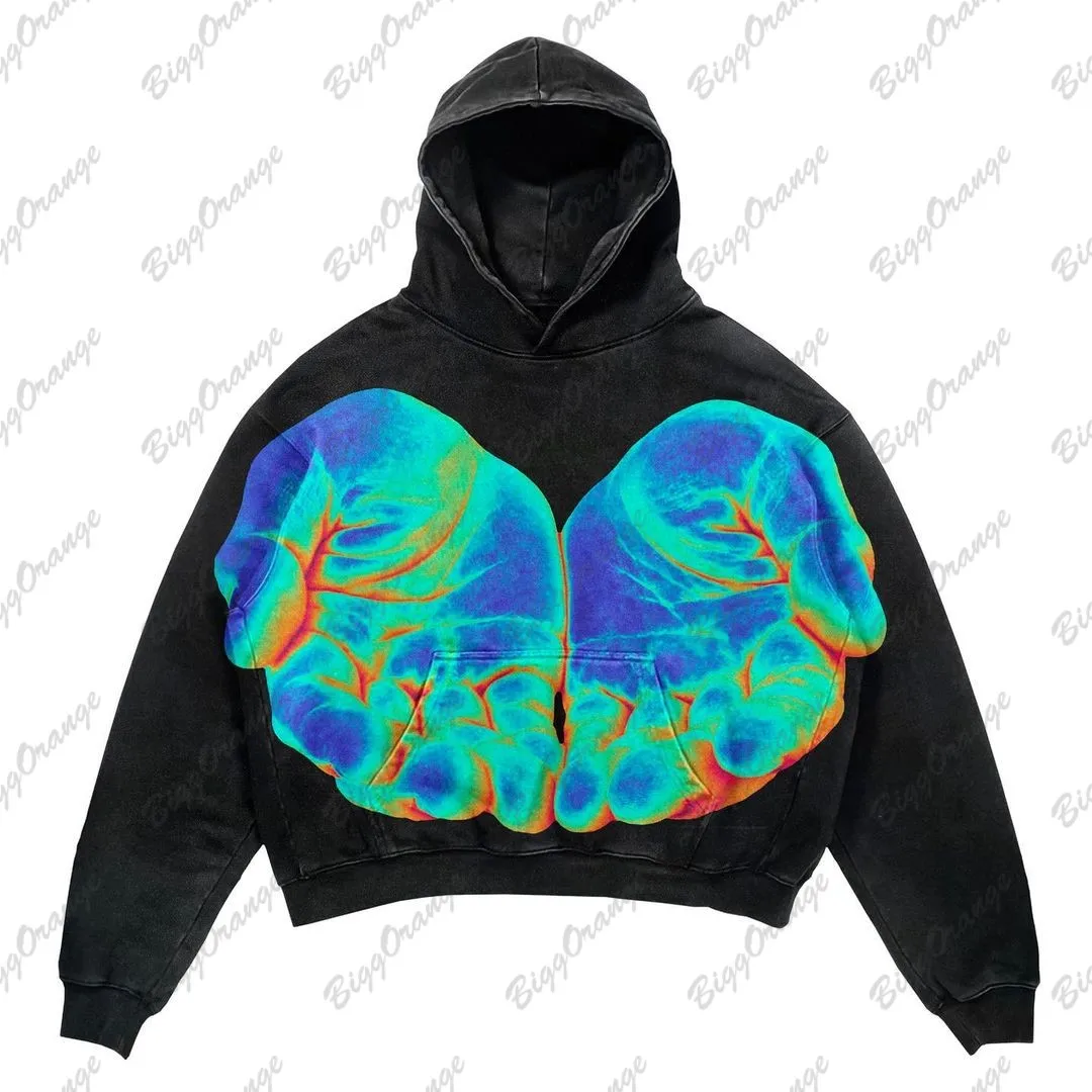 American hiphop hand of god pattern sweater y2k west coast oversize coat high street hip-hop hoodie  women clothing  harajuku