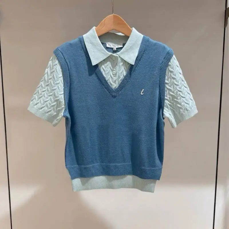 Women Knitted Short-sleeved Golf Clothing, New Casual Color-block Design Golf Sweater, Fake Two-piece Style Lapel Golf Top