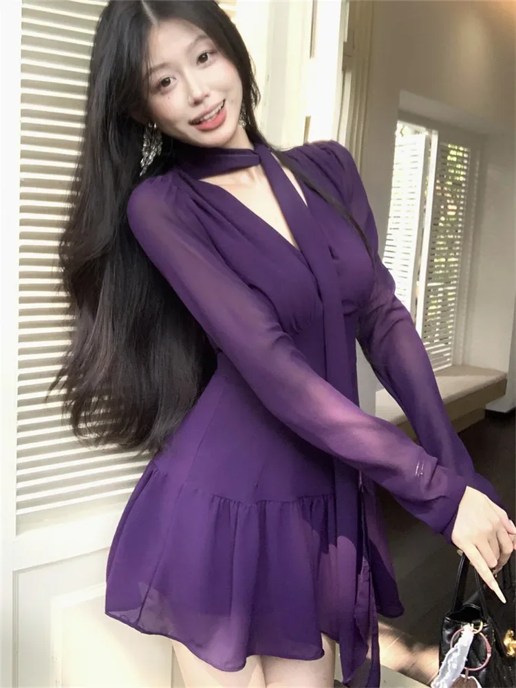 Black Purple French Fashion Chiffon Fairy Mini Dress Women Spring Fall Ribbon V-neck Long Sleeve Slim Short Party Dress Vestidos