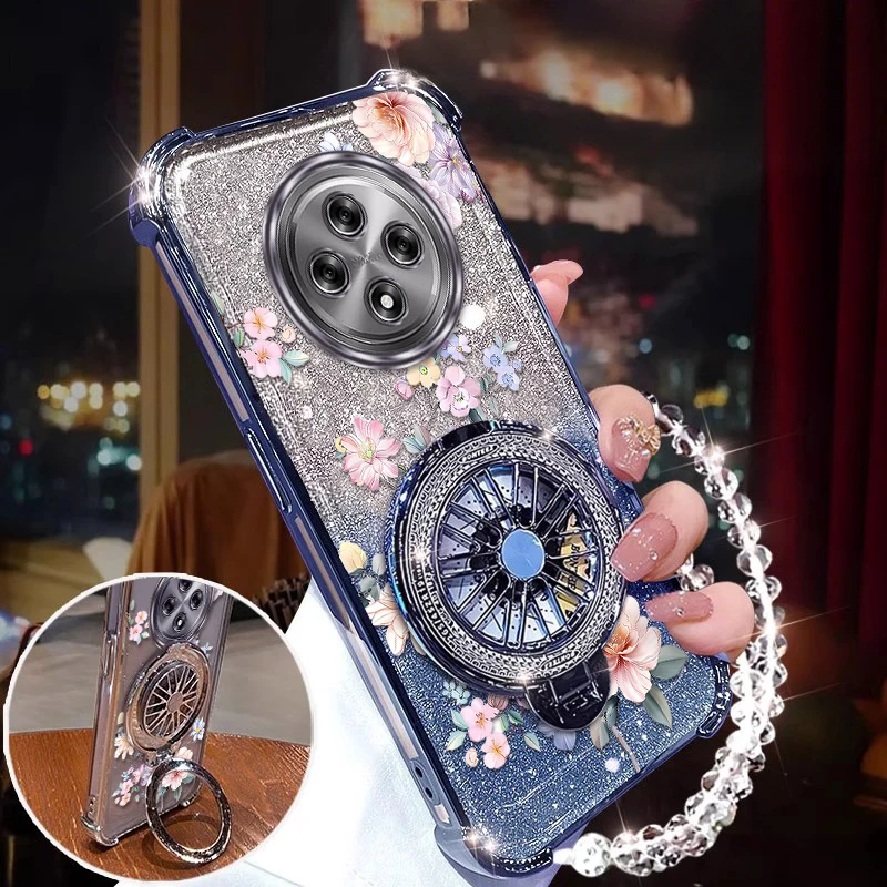 Reno 12F Flower Pattern Circle Plating stand lanyard Phone Case For OPPO Reno 14 14Pro 14F 13F 11 11F 10 12 12Pro 12F 10ProCover