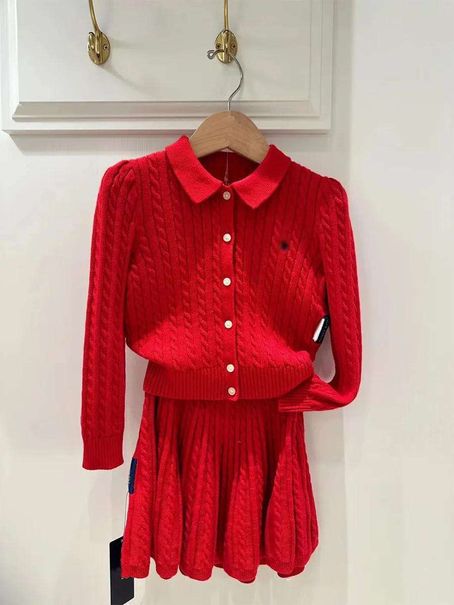 ICJAEHAO Red Knitted Sweater for Girls Suits Classic Twist Lapel Knitted Cardigan Top Skirt Set Girls Autumn Winter Sweater 2024