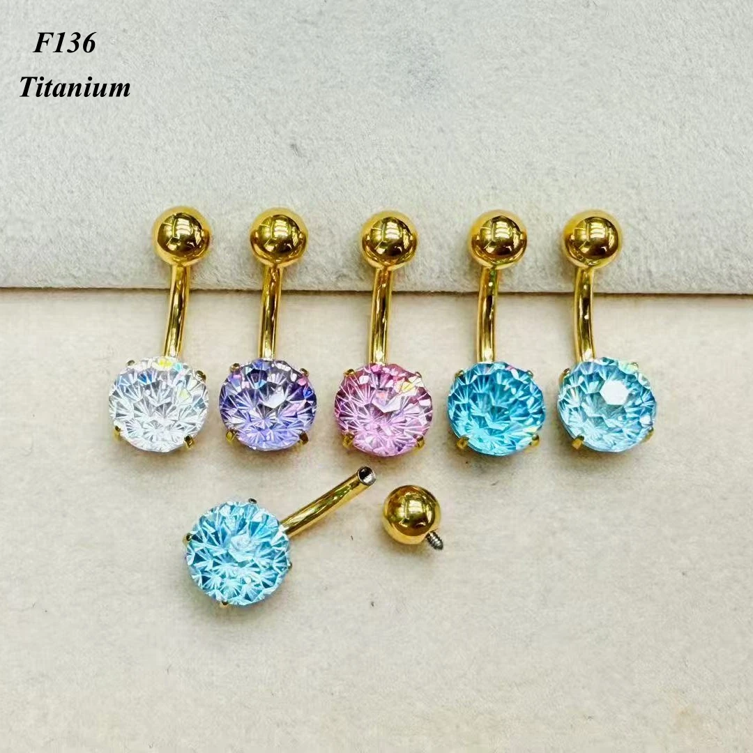 

10pcs Belly Bar Crystal Beautiful Zircon 8mm Navel Ring G23 Titanium Curved PVD Gold Color Internal Thread Clear Purple Aqua 14G