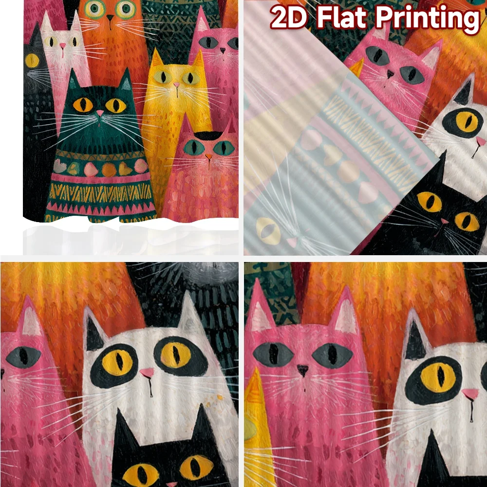 2D Flat Printing,2pcs Colorful Cat Gathering Chic Curtain Fabric Versatile 100% Polyester Curtains Home Decor Perfect for Living
