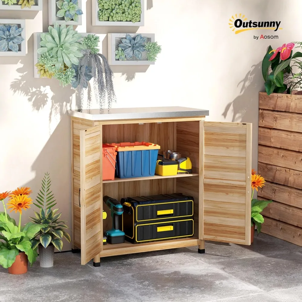 Armário de armazenamento ao ar livre, caixa de armazenamento de ferramentas de madeira com tampo e prateleira de metal, mesa de banco de envasamento com portas duplas