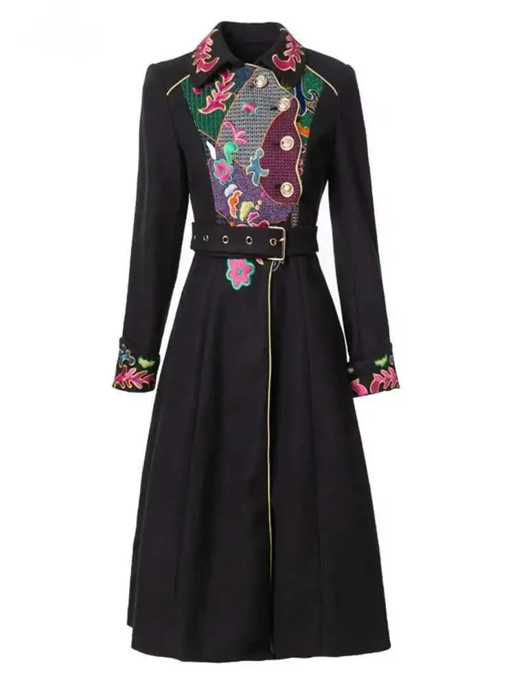 Embroidery Lace-up Women's Dresses Lapel Single Breasted Long Sleeve Fashion Dresses Female Autumn 2026 New MV61I
