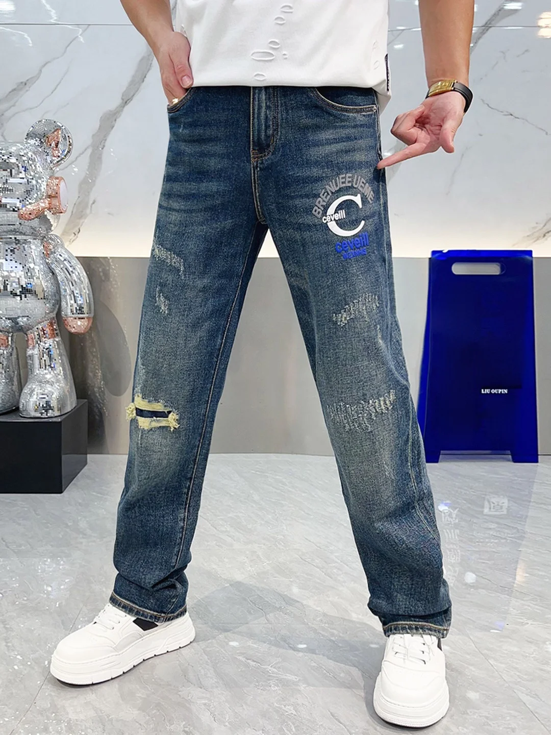 

Men's Straight Leg Jeans Water Waed Printed Casual Trousers Autumn New Sle Faionable Long Pants mid Waist Zipper Fly