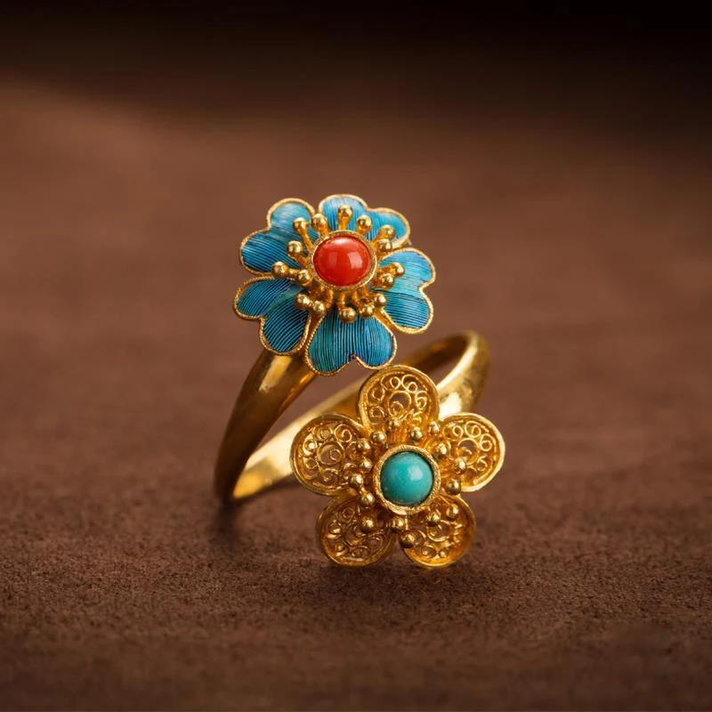 Natural Southern red Tourmaline Flower Open Ring Chinese Retro Palace Style Unique Ancient gold craft luxury ladies jewelry