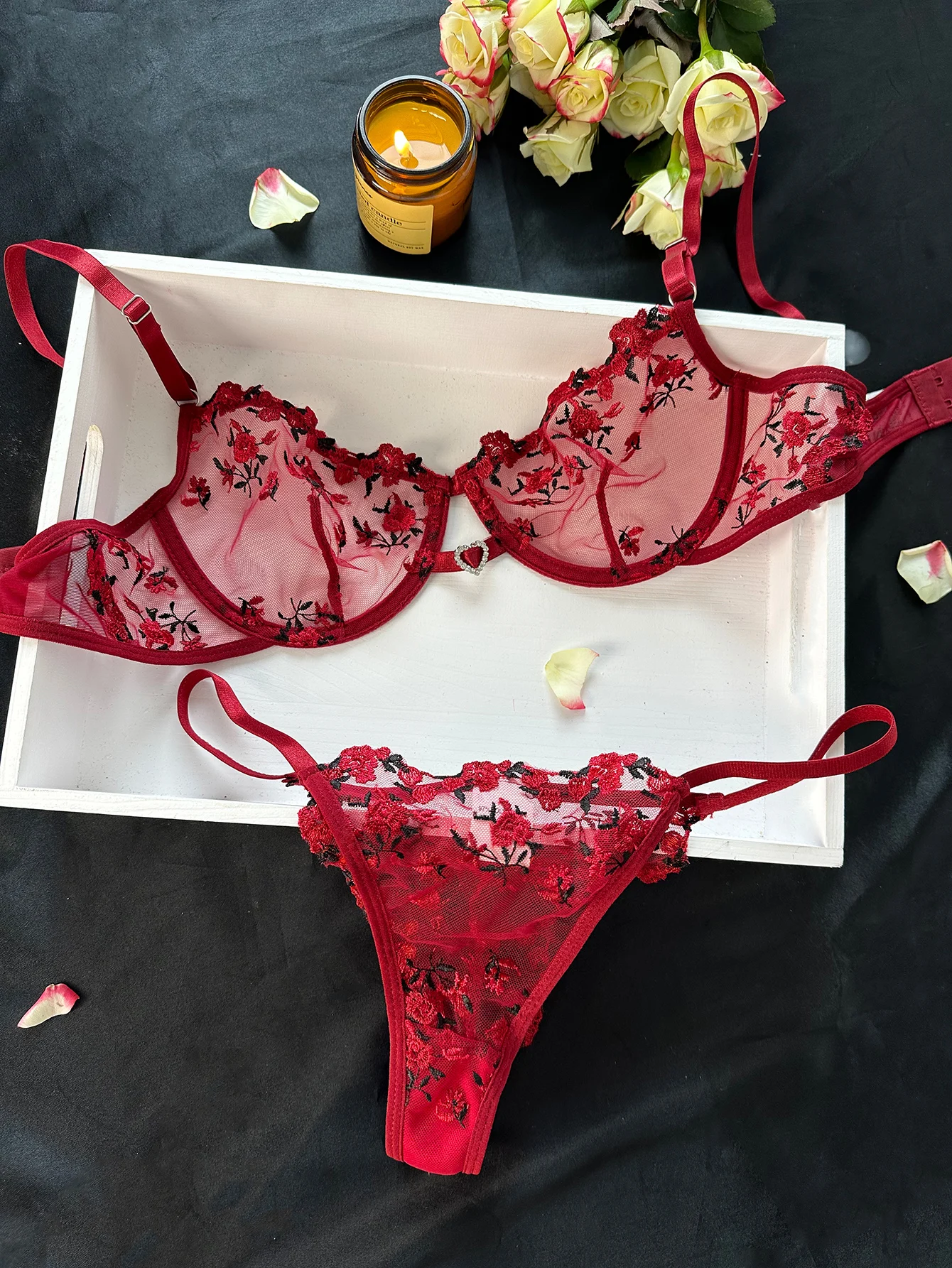 Women Floral Sexy Underwear Night Club Wear Heart Rhinestone Ultra Thin Lingerie UnderwearSet