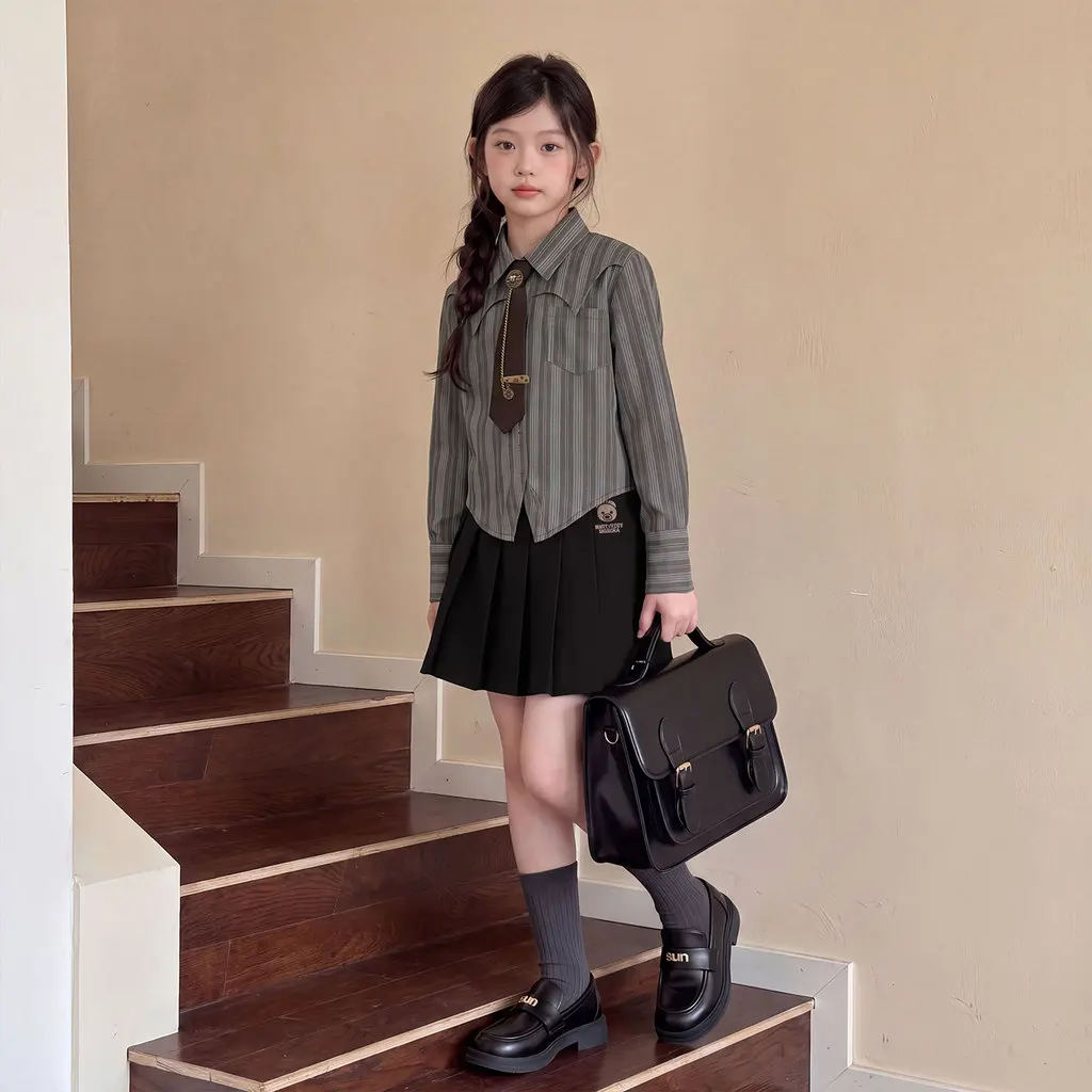 Children Clothes Suit Girls Autumn Preppy Style Striped Shirt with Tie and Black Pleated Skirt