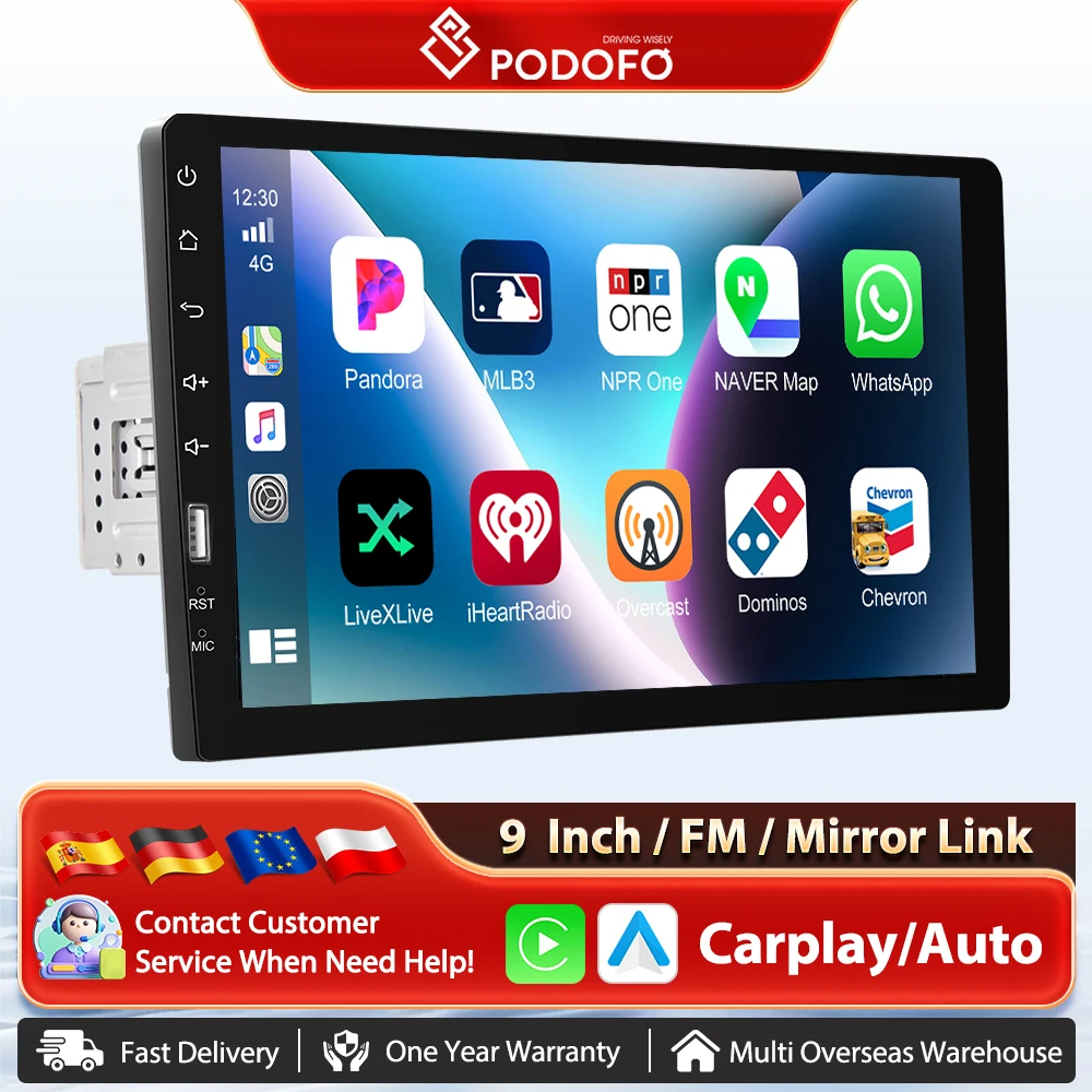 Podofo 9 pulgadas Carplay Android Auto reproductor MP5 para coche compatible con D-Play EQ BT FM AM reproductor Multimedia para coche Control USB del volante