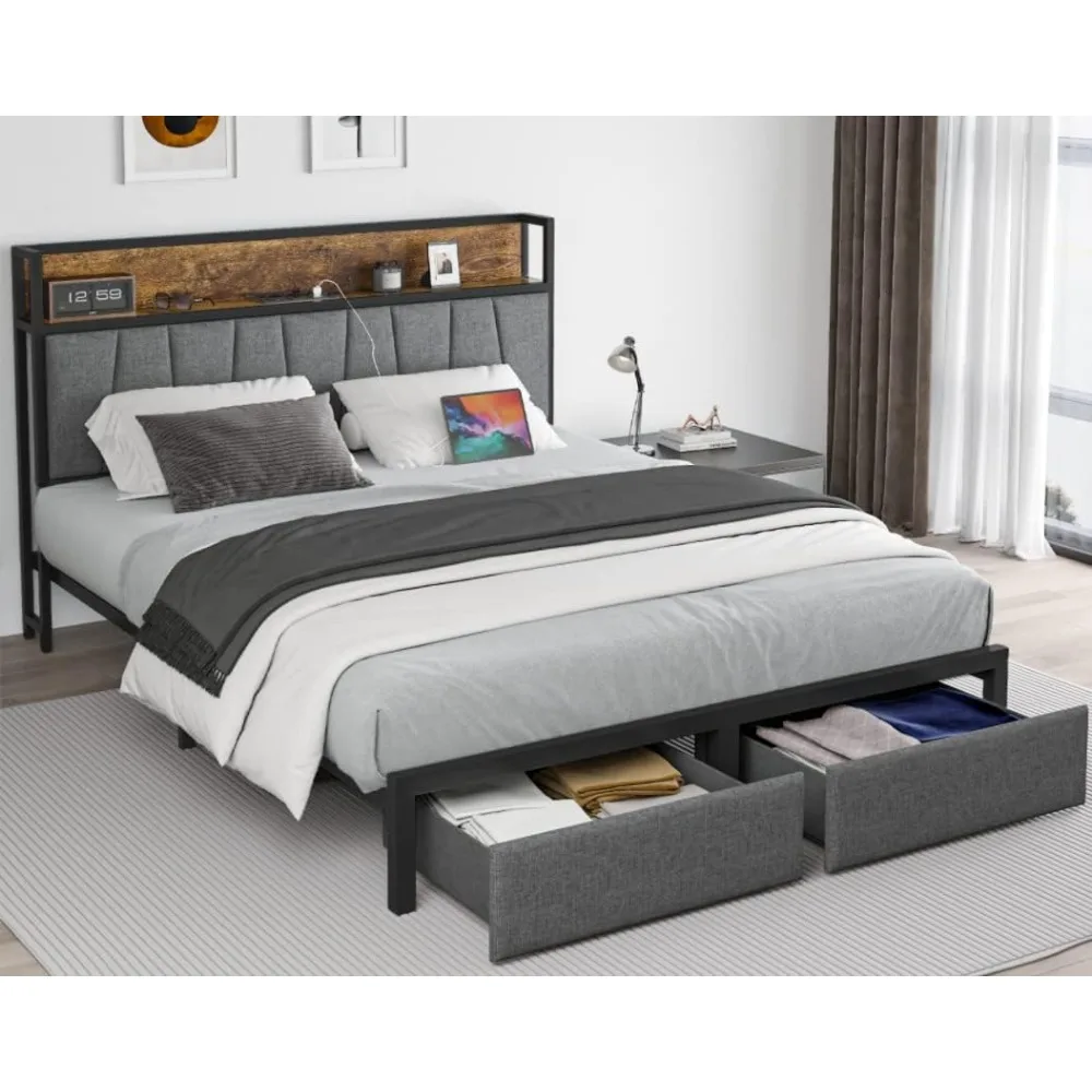 Full/Queen/King Bed Frame with Headboard and Storage,Drawers Platform Bed Frame with Storage Chargin Station LED Light Bed Frame