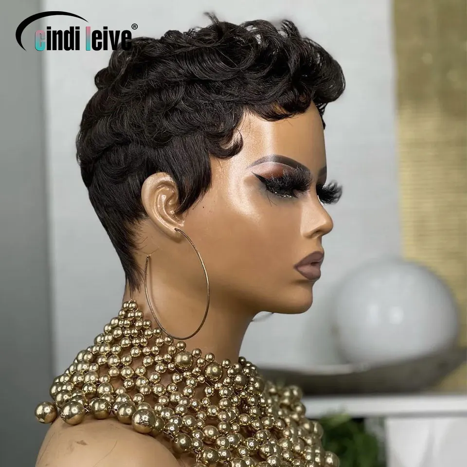 Curly Pixie Cut Short Wigs For Black Women Natural Black Glueless Wig Peruvian Remy Human Hair Bob Full Machine Made Wigs 150%