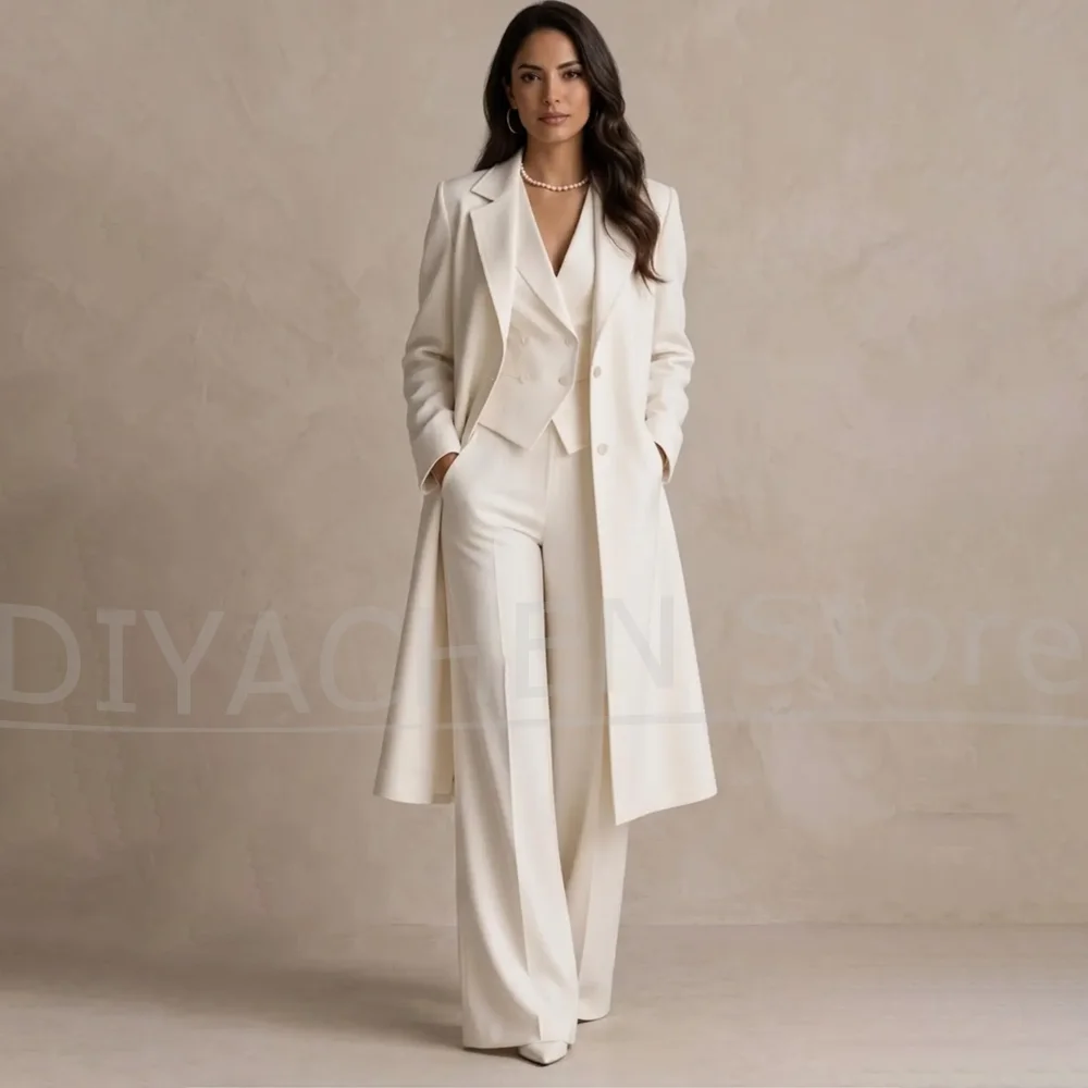 Women 3 Piece Suit Elegant Long Blazer Vest And Wide Leg Trousers Single Breasted Office Business Wedding Guest Party Tuxedo