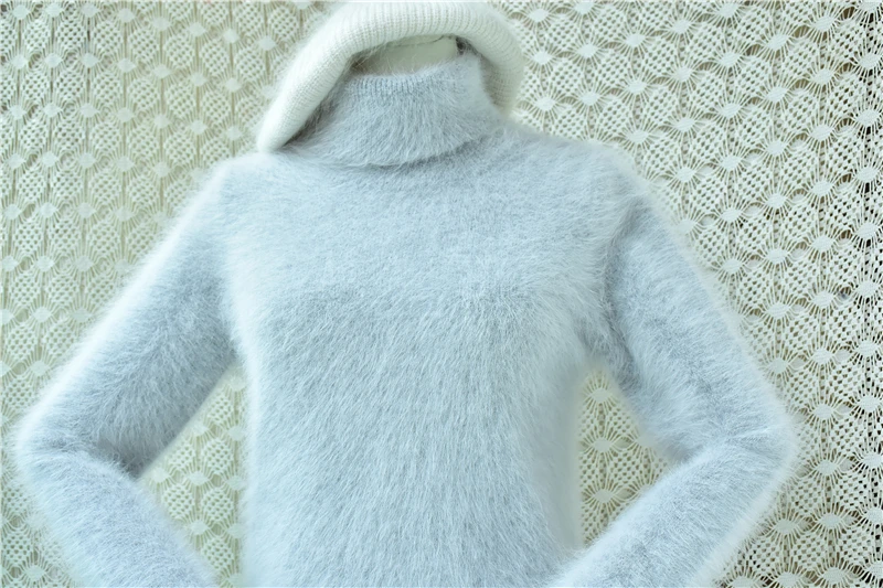 Ladies Women Autumn Winter Fashion Gray Hairy Angora Rabbit Hair Knitted Turtleneck Long Sleeves Slim Mink Fur Sweater Jumper