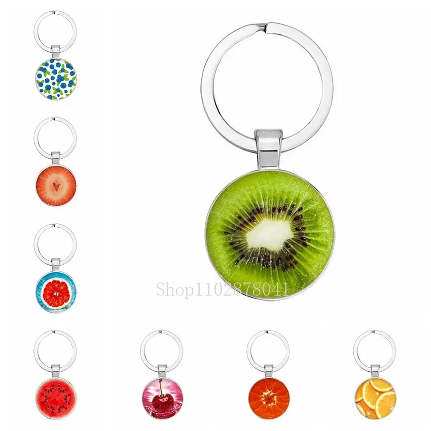 LLavero de aleación con colgante de cristal, joyería Popular, patrón de sección transversal de frutas, Kiwi, Hami, melón, naranja, regalo