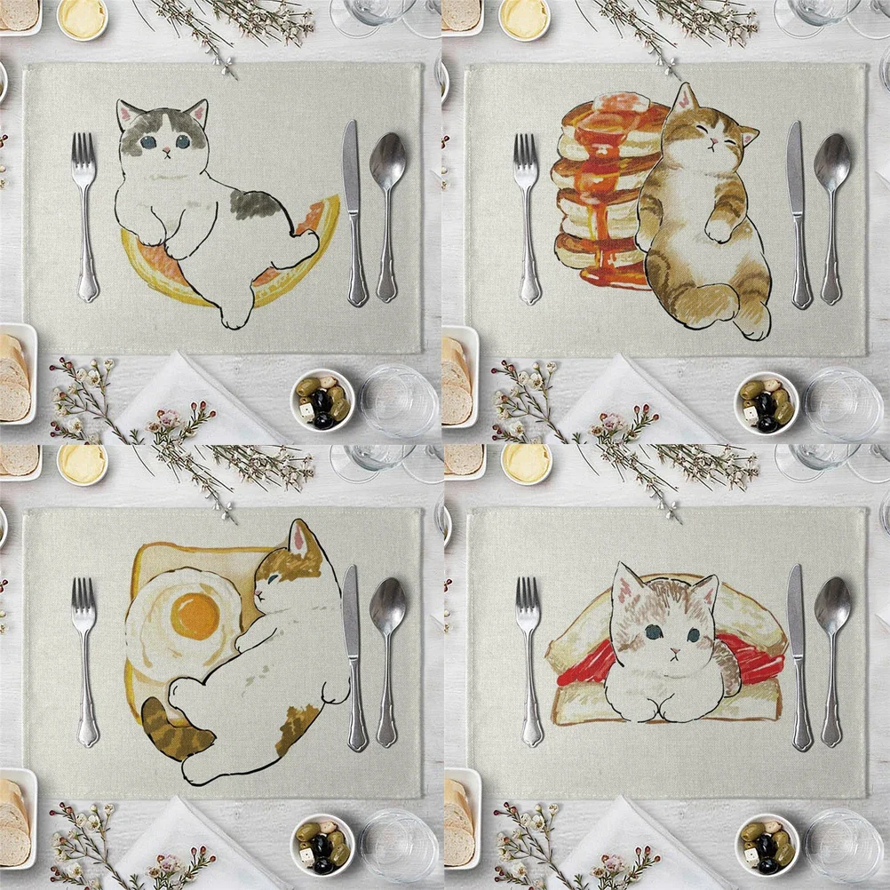 Creative Funny Cat Pattern Kitchen Placemat Coaster Linen Pad Dish Coffee Cup Table Mat 30x40cm Home Decor