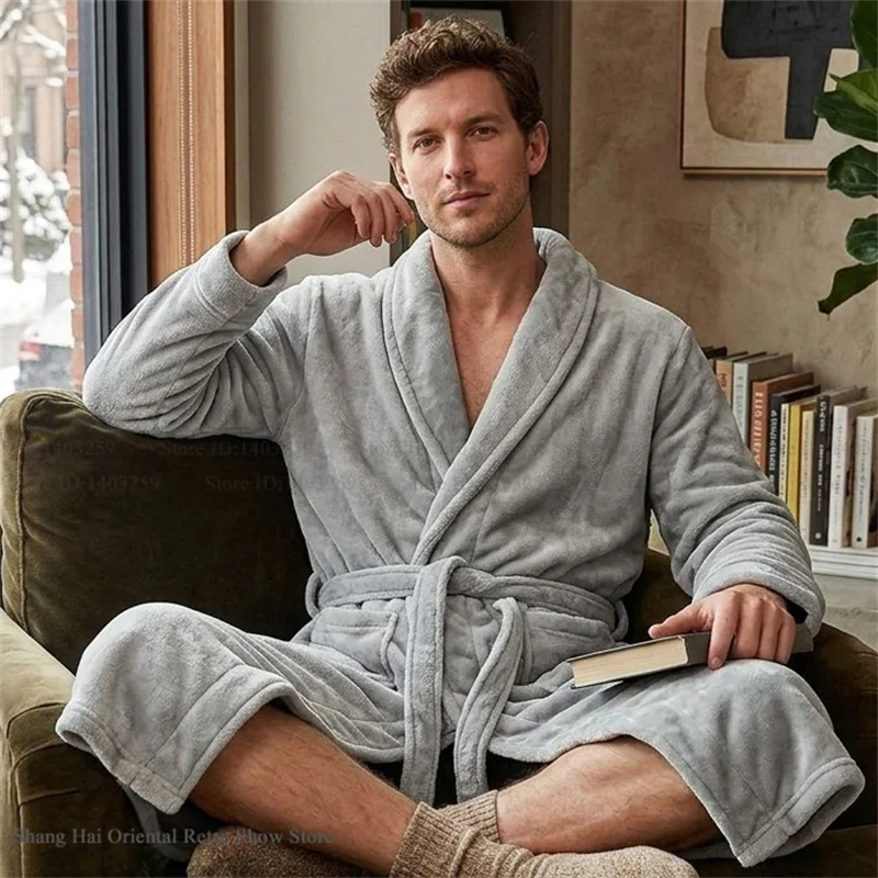 Autumn Winter New Men's Robe Home Clothes Thicken Flannel Sleepwear Kimono Bathrobe Gown Loose Casual Loungewear Nightwear