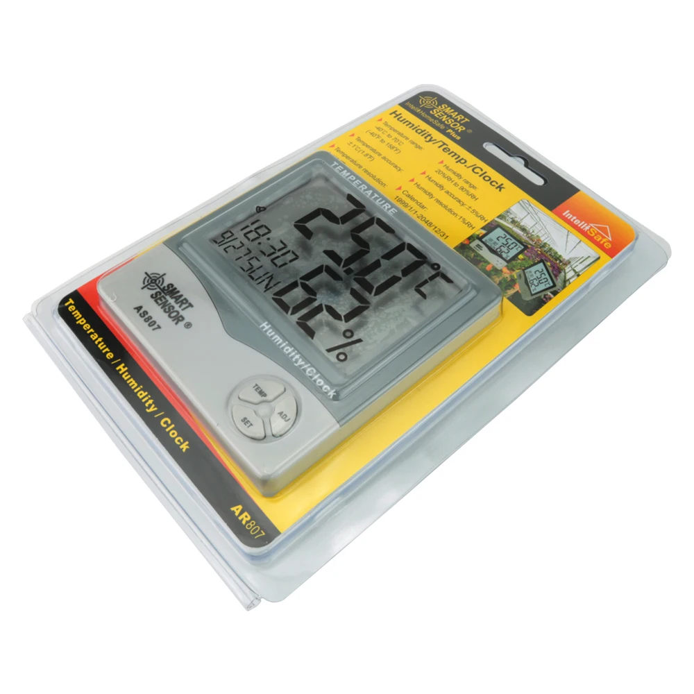 Termômetro higrômetro de alta precisão, relógio, medidor de temperatura e umidade, testador, estação meteorológica, calendário e relógio, alarme as808