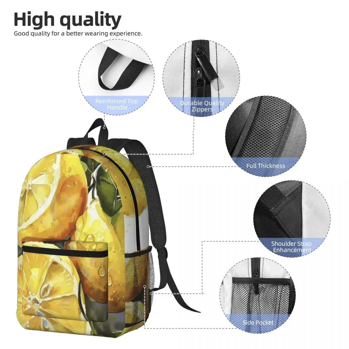 Watercolor Lemon Design Backpack Daypack Large Capacity Boys Girls BookBag School Bag Shoulder Bags for Men Women