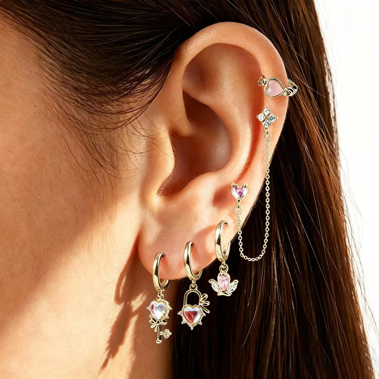 New Cute Pink Heart Moonstone Zircon Earrings Set for Women Magic Key Lock Tassel Chain Earrings Fashion Jewelry