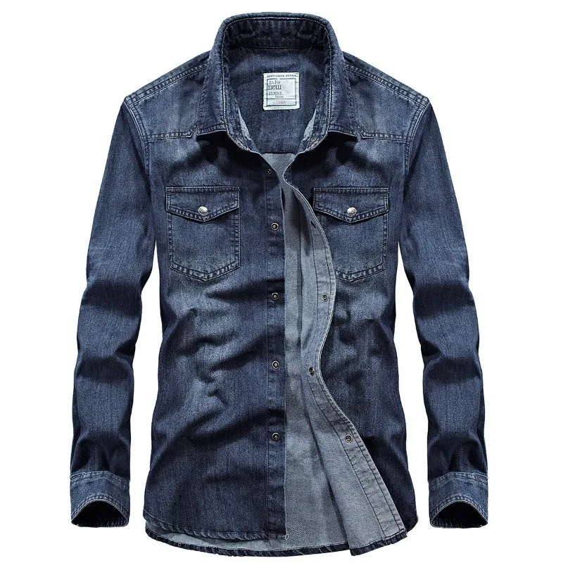 Men's Casual Fashion Long Sleeve Shirt Cotton Large Size Lapel Denim Shirt