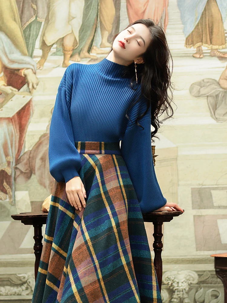 Vintage Elegant Two Piece Skirt Set Women Spring Autumn Long Sleeve Blue Sweater and Long Skirts Winter Outfits