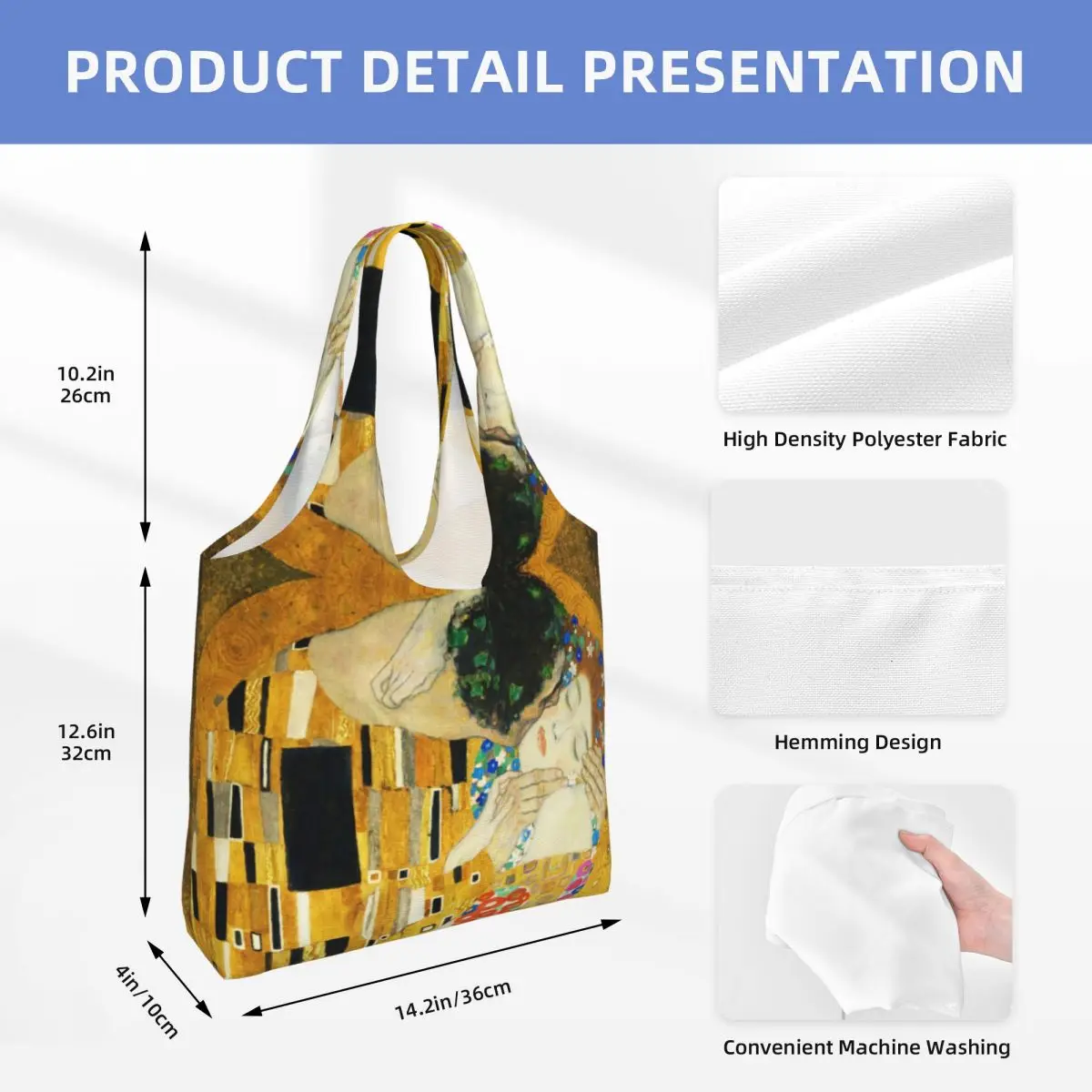 Funny Printing Klimt Kiss Shopping Tote Bag Reusable Canvas Shopper Shoulder Gustav Klimt Freyas Art Bags Photography Handbag