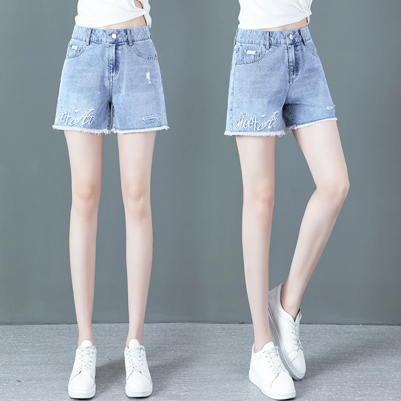 Hellblaue hohe Taille, dünne Denim-Erds-Damen-Sommer, lockeres Abnehmen, A-Linie, weites Bein, Hotpants, lässig, Faion, Frühling und Herbst