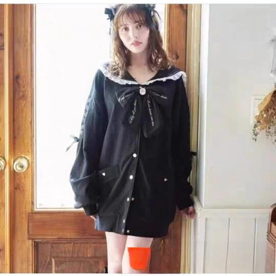 

Japanese Sle Long Navy Collar Sweatirt with Bow Tie Mass Production pe Sweet Fem Jaet Cotton 00% Summer