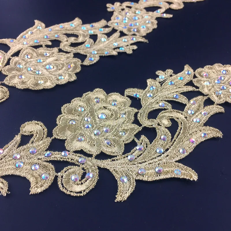 1Pair/ 2pcs New Arrival Gold Silver Rhinestones Lace Flower Applique Venise Mirror lace patch Sewing Trims For Dance Dress