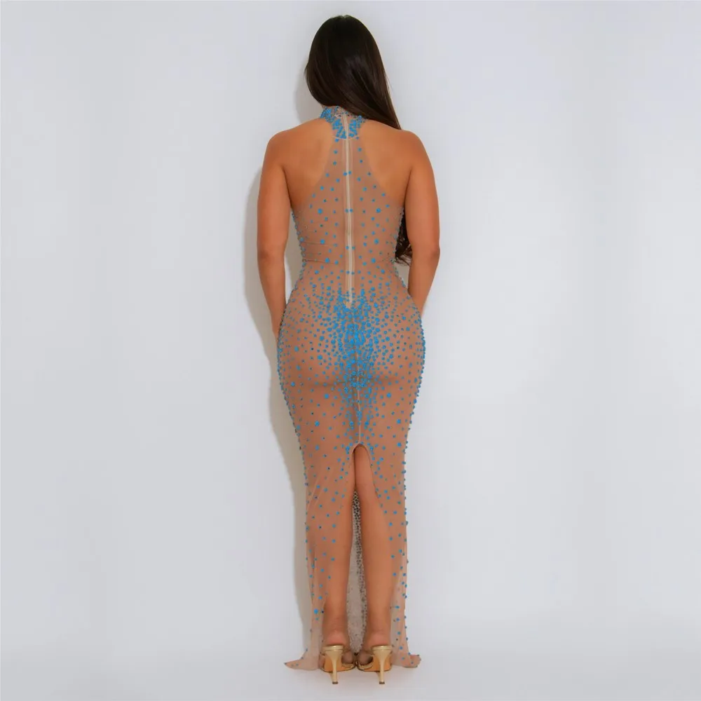 Vestidos 2025 Mujer Vestidos atractivos Vestido de noche delgado transparente Vestido ajustado Diamantes calientes Fuera del hombro Temperamento Estilo simple